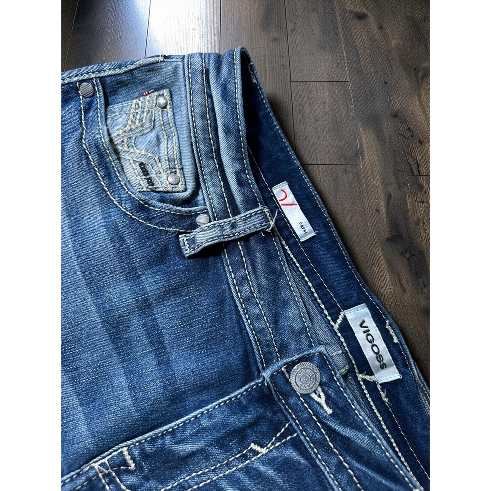 Vigoss Women 14 Capri Jeans Medium Wash Distressed Embroidered Flap Pocket Blue - Picture 6 of 9